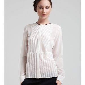 THEORY GUC Zirana Silk Tuxedo Pleated Top Blouse